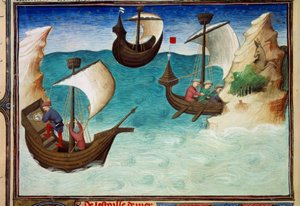Navigátorok az Indiai-óceánon csillagokkal és asztrolábiumokkal orientálva. Miniatűr „A világ csodáinak könyvében”, Ms. 2810, 188v fólió Egerton mestere által, John (Jehan) de Mandeville (1300? 1382) írása. 1410-1412 körül. BN, Párizs