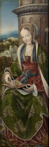 Barbe la grande martyre – A Szent Család triptichonja zenélő angyalokkal. Jobb oldali panel: Saint Barbara par Master of Frankfurt (1460-kb. 1533), kb 1510-1520 - Olaj, fa, 79x27 - Museo del Prado, Madrid