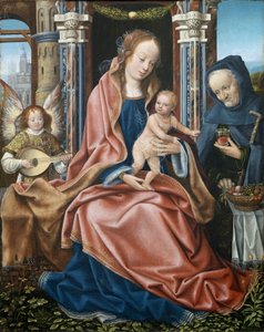 A Szent Család - A Szent Család triptichonja zenélő angyalokkal - Központi tábla, frankfurti mester festménye (kb. 1460-1533), kb 1510-1520 - Olaj, fa, 78x60 - Museo del Prado, Madrid
