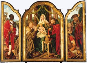 A Szent Család Melchiorral aranyat ajánl fel a gyermek Krisztusnak