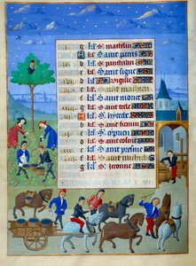 A savoyai adelaidei mester (15. század) és Jean Rolin mestere (15. század) „Burgundiai hercegnő óráinak könyve, Savoyai Adelaide” című megvilágított kézirat szőlőszüret és szállítási oldala alkotó: Master of Jean Rolin II