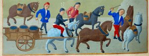 A szőlőszüret és a szállítás Részlet egy megvilágított kéziratos oldalról, amelyet Savoyai Adelaide (15. század) és Jean Rolin mestere (15. század) a „Burgundiai hercegnő, Savoyai Adelaide Órakönyvéből” vett. alkotó: Master of Jean Rolin II