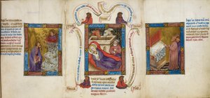 Három jelenet a „Születés”, „Mózes és az égő bokor” és az „Áron rúdjának bimbózása”, illusztráció a „Biblia Pauperum”-ból alkotó: Master of Margaret of Cleves