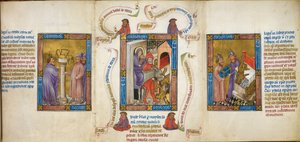 Három jelenet a „repülés Egyiptomba”, „Mózes, aki megtöri az aranyborjút” és a „Dagon a bárka előtt zuhan” ábrázolása, illusztráció a „Biblia Pauperum”-ból alkotó: Master of Margaret of Cleves