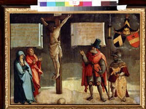 Keresztre feszítés adományozókkal. Keresztre feszítés az adományozókkal. Messkirch mesterének festménye (1500-1543 körül). Olaj, fa. Német reneszánsz művészet. Szépművészeti Múzeum, Puskin, Moszkva