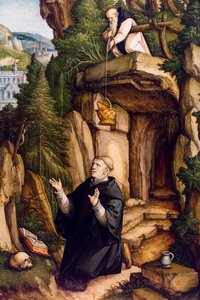 Szent Benedek mint imádkozó remete, 1540 körül (Tempera és olaj, fa (hársfa)) alkotó: Master of Messkirch