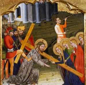 Jézus keresztet hordozó Rubio mestere (14. század), a Santa Maria-templom oltárképének predellája, Rubio, fára festve.