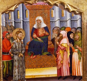 Jézus tárgyalása, Rubio mestere (14. század), a Santa Maria-templom oltárképének predellája, Rubio, fára festve.