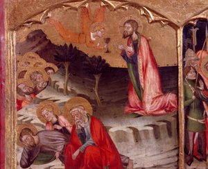 Krisztus az olajfák kertjében, egy angyal úrvacsorát tart, Rubio mestere (14. század), a Santa Maria-templom oltárképének predellája, Rubio, fára festve.