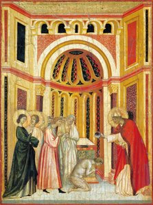Városi püspök megkereszteli Tiburcio-t, részlet a Szent Cecília legendájának oltárképéről, 1304 körül, Szent Cecilia mestere (aktív 14. század eleje), tempera a táblán és aranylevél pecséttel, 85x181 cm