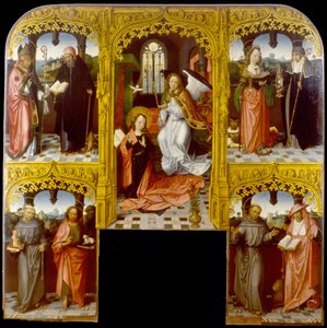 Az üdvözlet Szent Lázárral és Antony Abbot -val, Alexandriai Katalin és Chiara, Padovai Antal és Keresztelő János, Ferenc és Jeromos alkotó: Master of Saint John the Evanglist