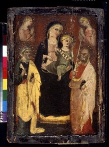 "Madonna és gyermeke Szent Péterrel és Pállal trónolt" (Madonna és gyermeke Szent Péterrel és Pállal trónolt) Festmény fára a San Jacopo in Muciano mesterétől (15. század) Puskin Múzeum, Moszkva alkotó: Master of San Jacopo a Mucciana