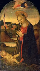 A gyermeket imádó Madonna, Város a folyón túl, 1478 körül (olaj, tábla) alkotó: Master of San Miniato
