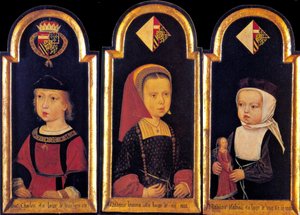 Károly főherceg, a későbbi V. Károly szent-római császár, nővéreivel, Eleonorral és Izabellával 2 évesen, 1502 alkotó: Master of St.Georgsgilde