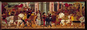 Vespasianus római császár (9-79) és fia, Titus diadalútja Rómába. Detrempe De Tournon De Sainte Croix mester fáján alkotó: Master of Tournon de Sainte Croix