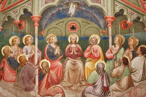 "Pünkösd", Részlet imádkozó szentekkel és Szűz Máriával, valamint a galambbal, 1420 körül (freskó)
