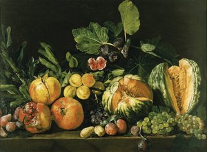 Gránátalma, dinnye, szőlő, őszibarack, füge és egyéb gyümölcsök egy kőpárkányon alkotó: Master of the Acquavella Still Life