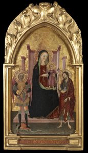 Szűz és gyermek, Szent Mihállyal és Keresztelő Szent Jánossal trónoló, 1440-70 körül alkotó: Master of the Arcetri Altarpiece
