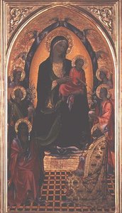 Madonna és gyermek Keresztelő Szent Jánossal és Myrai Szent Miklóssal (tempera a panelen) alkotó: Master of the Bambino Vispo