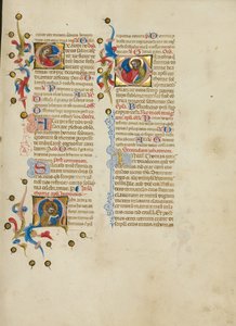 E kezdőbetű: Szent Lucy; M kezdőbetű: Szent Tamás; D kezdőbetű: Szent L: Szent Tamás prédikálás alkotó: Master of the Brussels Initials