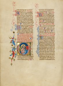O kezdőbetű: Szent Máté angyala, aki az evangéliumát tartja a kezében alkotó: Master of the Brussels Initials
