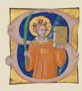 Kéziratos megvilágítás Szent Istvánnal S betűvel, antifóniából, olasz, kb. 1410-2
