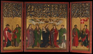 A Burg Weiler-oltár Triptichon-oltárképe a Szűzanyával és a gyermekével és a szentekkel, kb. 1470. alkotó: Master of the Burg Weiler Altar