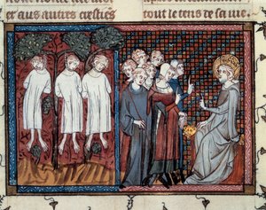 Enguerrand IV de Coucy által elrendelt kivégzések. IX. Lajos igazságot szolgáltat. Mahiet miniatúrája „Szent Lajos élete és csodái” című filmben, Guillaume De Saint Pathus kézirata alkotó: Master of the Cambrai Missal Mahiet