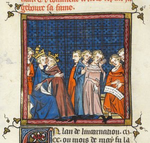 Fülöp Augustus és János angol király békét köt, illusztráció a "Grandes Chroniques de France ou de St Denis"-ből alkotó: Master of the Cambrai Missal Mahiet