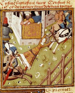 Brunehaut kínzása: Brunehaut vagy Brunehilde (543-613), Clotaire (Clothaire) II foglyát lovak tépték szét, amelyek mindkét oldalról kihúzzák tagjait – A hölgyek bajnokának mesterének miniatűrje a „” Des hommes illustres” kéziratból """" 15 alkotó: Master of the Champion des Dames