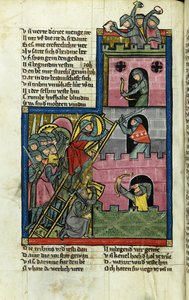 Kastélyfoglalás Jeruzsálemben (Rudolf von Ems A világ krónikájából (Weltchronik)) - A világ krónikájának mestere (Weltchronik) (aktív 1300 körül) - kb. 1300 - Akvarell pergamenre - Kantonsbibliothek St. Gallen alkotó: Master of the Chronicle of the World