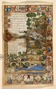 Hozzáadás. 28841, f.1v: Rombuszokból, körökből és négyszárnyúakból álló geometrikus, egész oldalas szegélyek állatokkal és figurális jelenetekkel: juhok és kecskék felett vigyázó pásztorok, akik farkasokkal küzdenek, a határon lóháton álló vörös ördög, egy