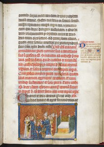 Cotton Tiberius B.VIII f.59 A reimsi érsek a koronát a király fejére helyezi, „V. Károly francia király koronázási könyvéből”