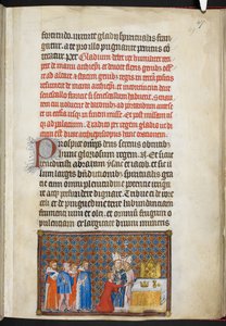 Cotton Tiberius B. VIII f.49r A király kardot kínál az oltáron, illusztráció az „V. Károly francia király koronázási könyvéből”