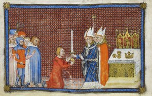 Cotton Tiberius B. VIII f.49v A reimsi érsek visszaadja a kardot a királynak, illusztráció „V. Károly francia király koronázási könyvéből”