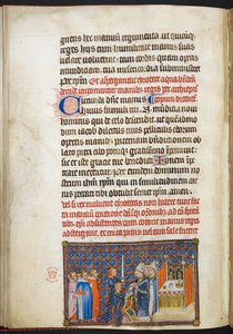 Cotton Tiberius B. VIII f.56v, Reims érseke, aki a kesztyűt a király kezére helyezi, „V. Károly francia király koronázási könyvéből”
