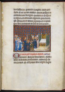 Cotton Tiberius B. VIII f.58r A király a jogart és a virgát kapja ("Main de la Justice"), "V. Károly francia király koronázási könyvéből"