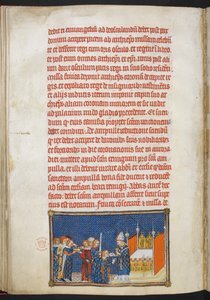Cotton Tiberius B. VIII f.65v V. Károly király térdelve, miközben Rheims érseke az áldozóostyát a szájába helyezi, illusztráció: „V. Károly francia király koronázási könyve”
