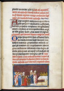 Cotton Tiberius B. VIII f.69r A királynő a jogart és a virgát kapja, V. Károly francia király koronázási könyvéből