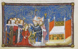 Cotton Tiberius B. VIII f.69v A reimsi érsek a koronát a királynő fejére helyezi, a bárók pedig megtartják a koronáját, illusztráció „V. Károly francia király koronázási könyvéből”