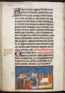 Cotton Tiberius B. VIII f.69v A reimsi érsek a koronát a királynő fejére helyezi, a bárók pedig megtartják a koronáját, illusztráció „V. Károly francia király koronázási könyvéből”