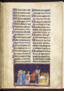 Cotton Tiberius B. VIII f.73r, Reims érseke megáldja az Oriflamme-t, illusztráció az „V. Károly francia király koronázási könyvéből” alkotó: Master of the Coronation Book of Charles V