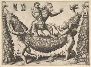 Kötözött puttót tartó majom füzéren állva, amely előtt két szárnyas p..., 1530-60. alkotó: Master of the Die