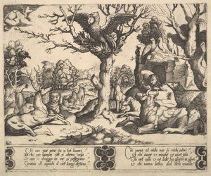 Egy főnix ült egy fa tetején, szárnyai nyitva, alul egy sor állat, 1530-60.