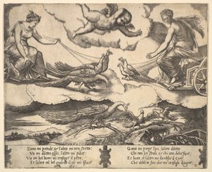 A házasság és a szerelem allegóriája, Junó a pávák által vont szekéren balra, Vénusz egy ..., 1530-60.