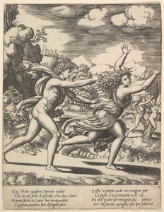 Apolló üldözi Daphnét, aki felemeli a karját, a háttérben jobbra az anyuka..., 1530-60.