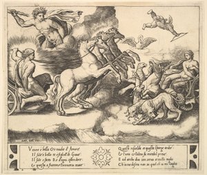Apollón lovasszekerében balra, fölötte Jupiterre mennydörög..., 1530-60.