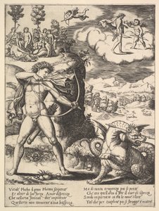 A bal oldalon álló Apolló nyíllal lő egy pitont, fent balra a múzsa..., 1530-60.