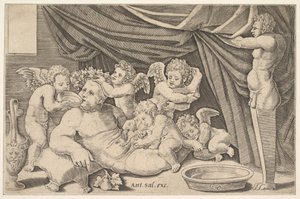 Puttival körülvett Bacchus, Priapus szobra jobbra, 1530-60.