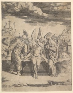 Krisztus a síron ül angyalok által támogatott, 1530-60. alkotó: Master of the Die